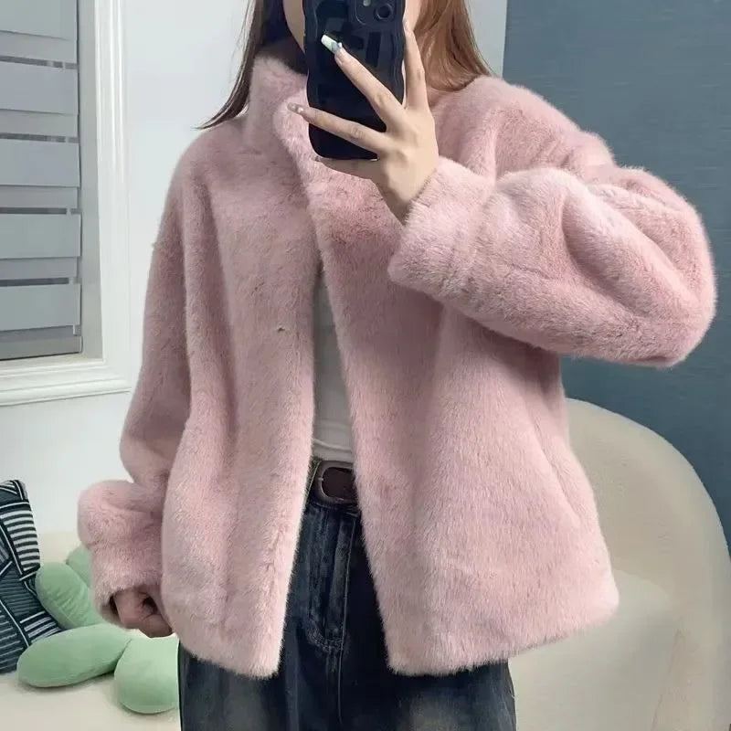 Women's Stand Collar Faux Fur Patchwork Jacket, Short Leather-Style Outerwear, Long Sleeve Autumn Winter Coat