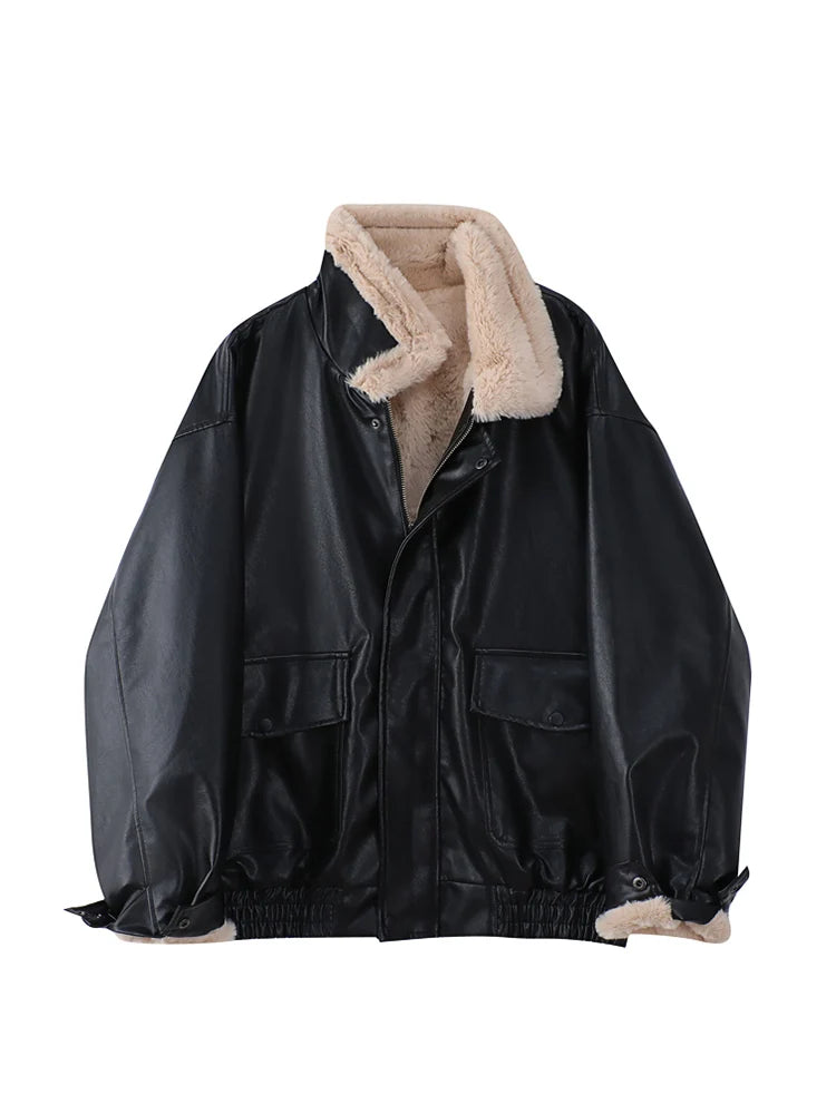 Women's Faux Leather Fur-Lined Motorcycle Jacket — Lamb Wool Lined PU Lapel Coat, Long Sleeve Loose Vintage Warm Jacket