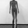 Shiny Rhinestone Fishnet Mesh Dress Long Sleeve O-Neck Hollow-Out Side Slit Sexy Beach Cover-Up for Women One Size