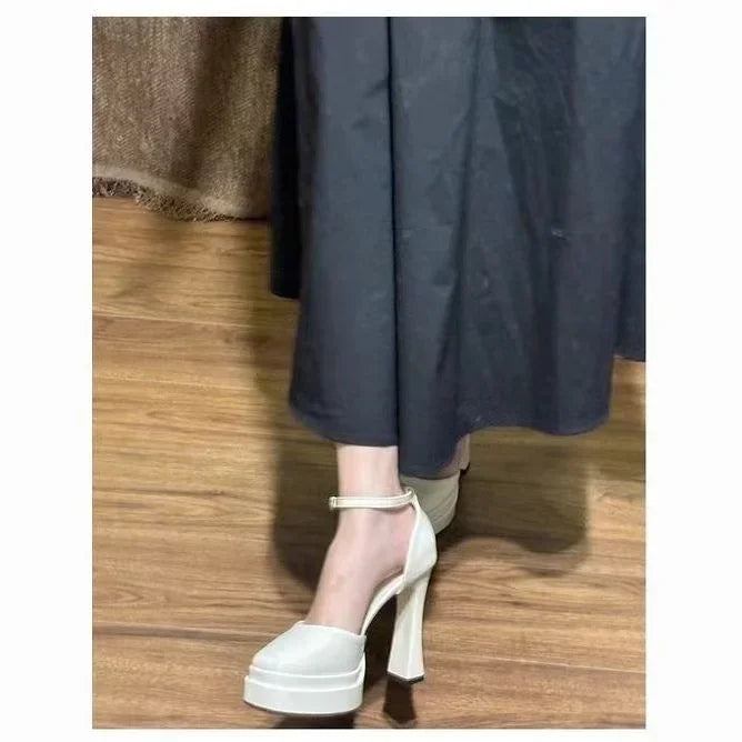 Women's Waterproof Patent PU Platform Sandals – 11 cm (4.3") Chunky Heel, Buckle Strap, White, EU 35-42