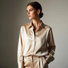 Korean Slim Satin Blouse for Women, Office Casual Long Button Shirt Solid Multicolor