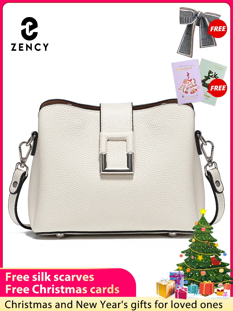 ZENCY Genuine Leather White Bucket Tote Shoulder Bag - Women's Designer Shopper Crossbody