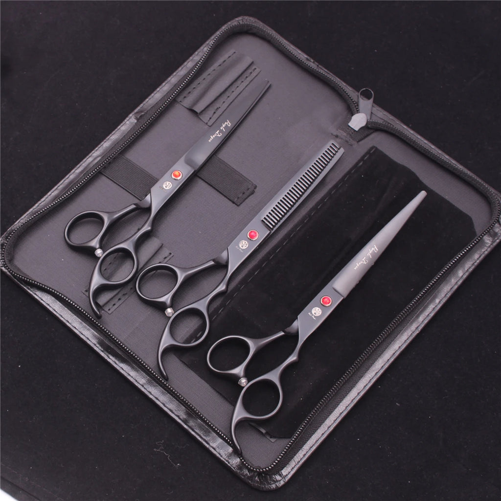 7-Inch (17.8 cm) Japanese 440C Pet Grooming Scissors Set — Straight 7 in, Curved 7 in, Thinning 6.5 in (16.5 cm) for Dog & Cat Grooming with Comb & Hemostatic Forceps
