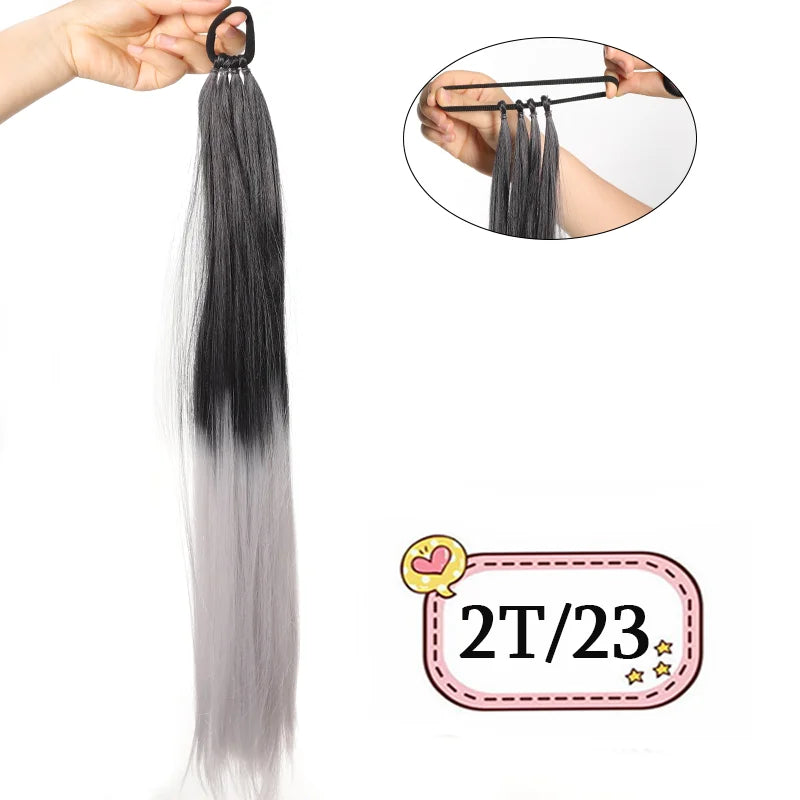 28-Inch (71 cm) Synthetic Ponytail Extension with Elastic Band - Braided Wraparound Hairpiece, Silky Straight Heat-Resistant Fiber, Black/Brown