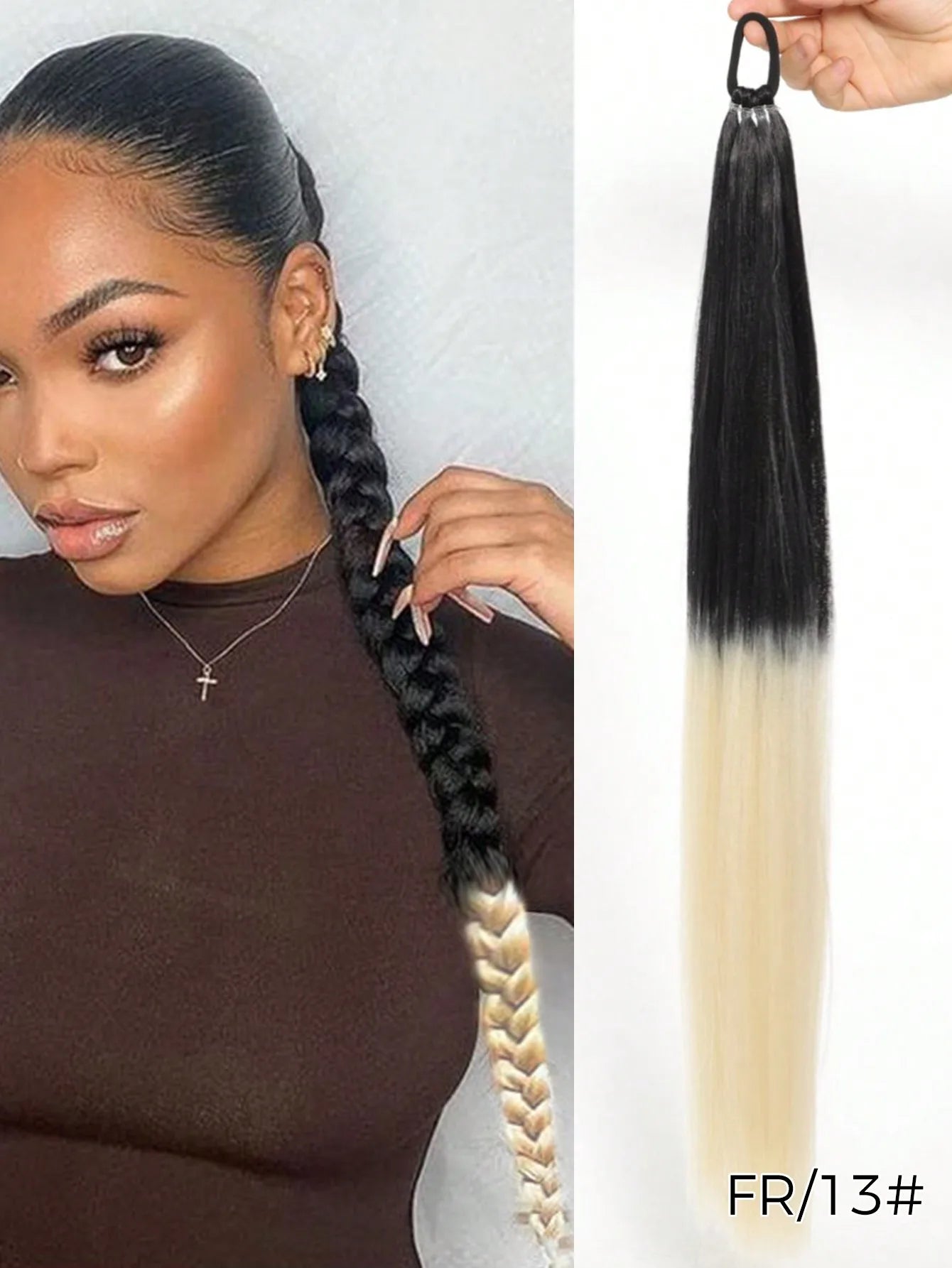 YELOWTIM 28-Inch (70 cm) Synthetic Ponytail Extension with Elastic Band – Straight Braided DIY Hair Piece, Black/Brown