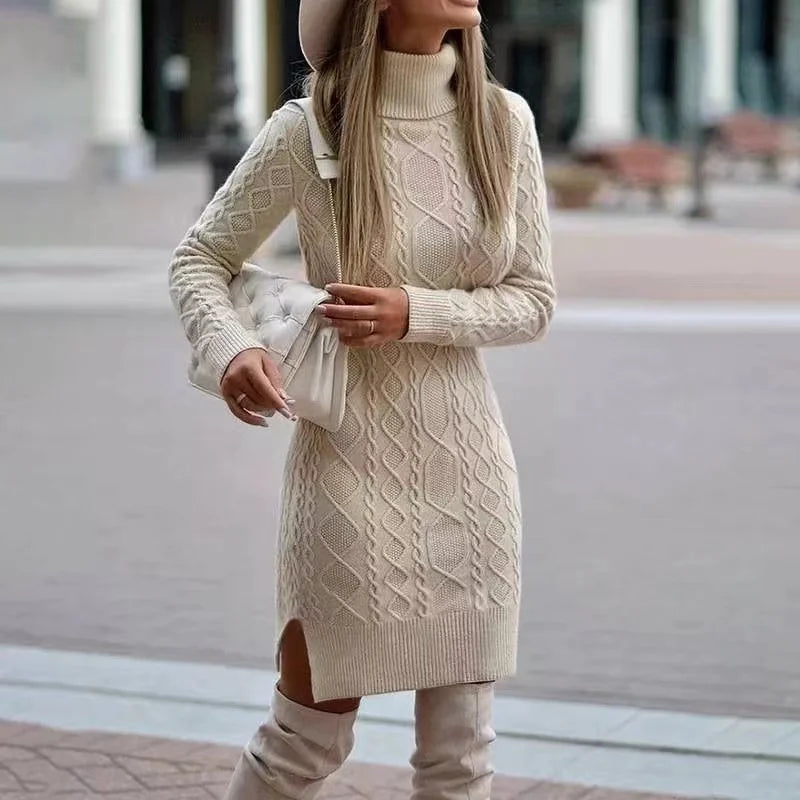 Women's Knitted Turtleneck Sweater Dress - Thick Warm A-Line Mid-Calf Wrap Hip Skirt, Long Sleeve