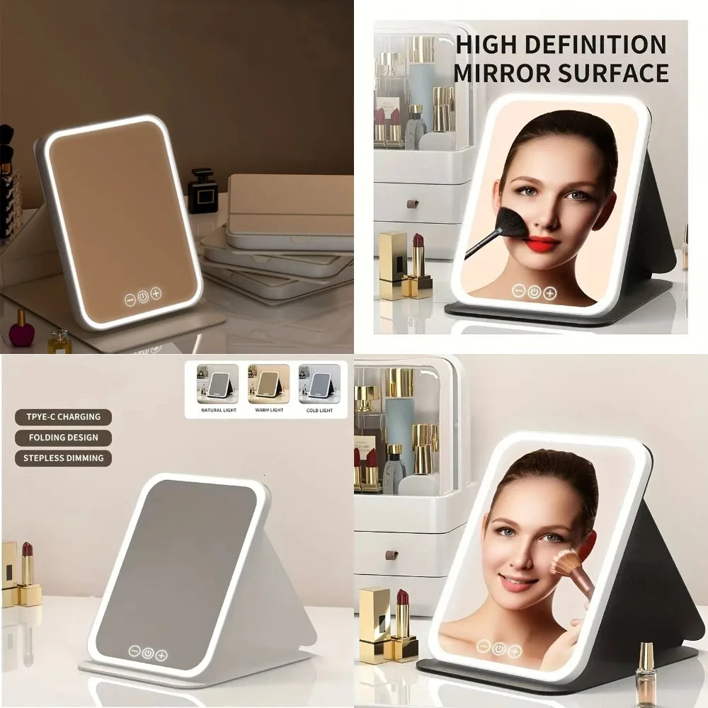 Portable Rechargeable Lighted Makeup Mirror, 3-Color Dimmable Touchscreen LED Vanity Mirror, Foldable Tabletop for Travel