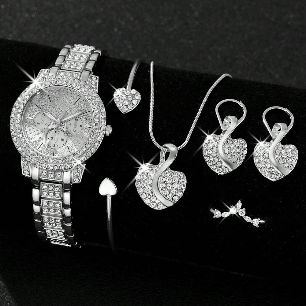 Women's Gold Quartz Watch & Rhinestone Jewelry Set - Ring, Necklace, Earrings