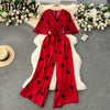 Women's Bohemian Polka Dot V-Neck Wide Leg Jumpsuit with Dolman Sleeves and High Waist