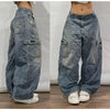 Women's Black Washed Distressed Baggy Jeans Y2K Vintage Punk High-Waist Wide-Leg
