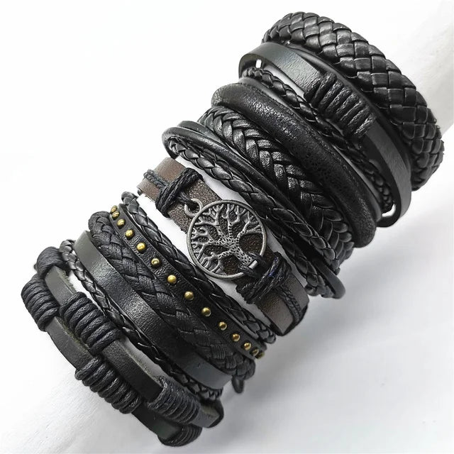 10-Pack Adjustable Black Woven Wrap Leather Bracelets – Handmade Unisex Rope Chain Lace-Up