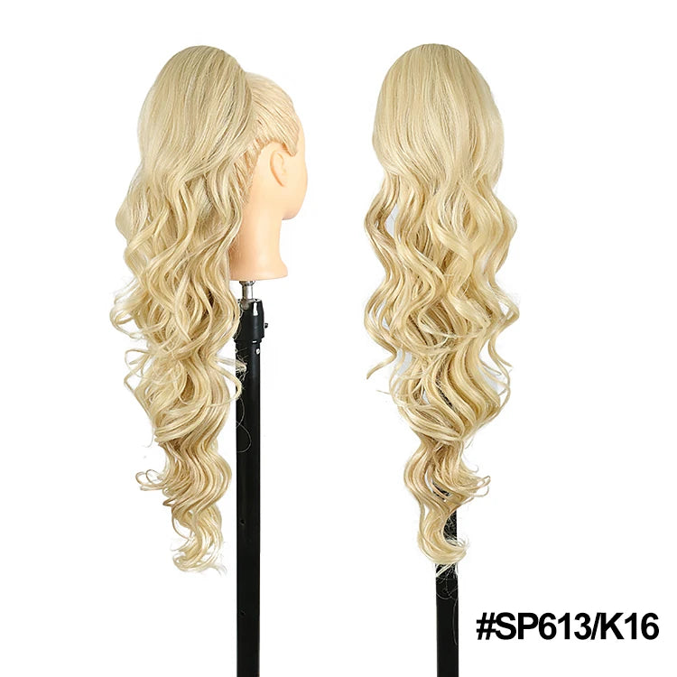 Long Ombre Blonde Synthetic Clip-In Braided Wavy Ponytail Hairpiece — Black to Brown Hair Extension