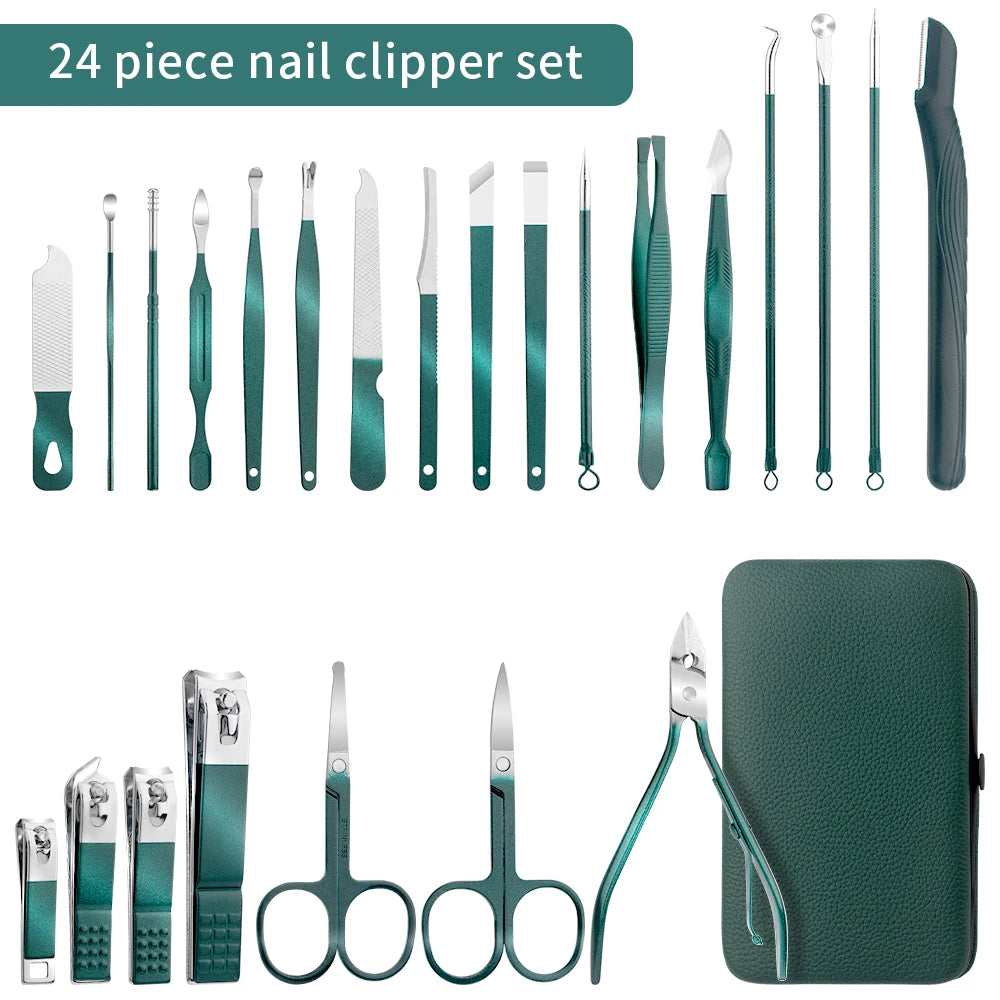 Green Stainless Steel Nail Clipper Set — 7/13/24-Pc Portable Manicure & Pedicure Tools