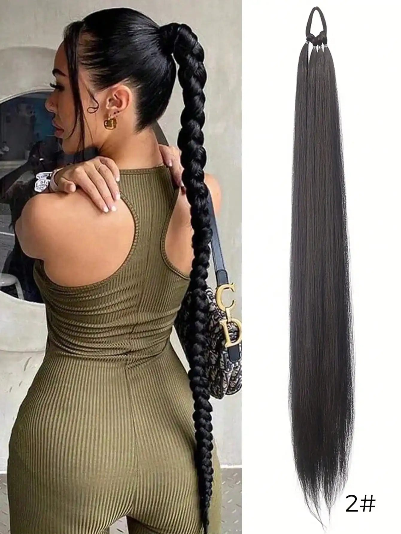 YELOWTIM 28-Inch (70 cm) Synthetic Ponytail Extension with Elastic Band – Straight Braided DIY Hair Piece, Black/Brown