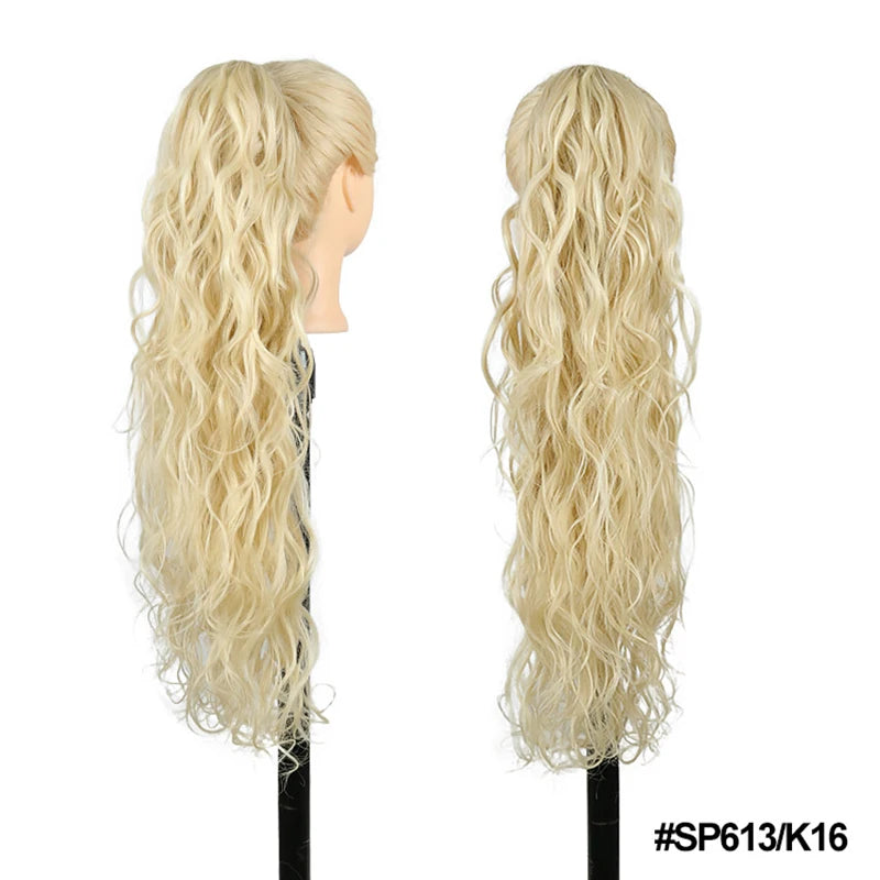 Long Ombre Blonde Synthetic Clip-In Braided Wavy Ponytail Hairpiece — Black to Brown Hair Extension