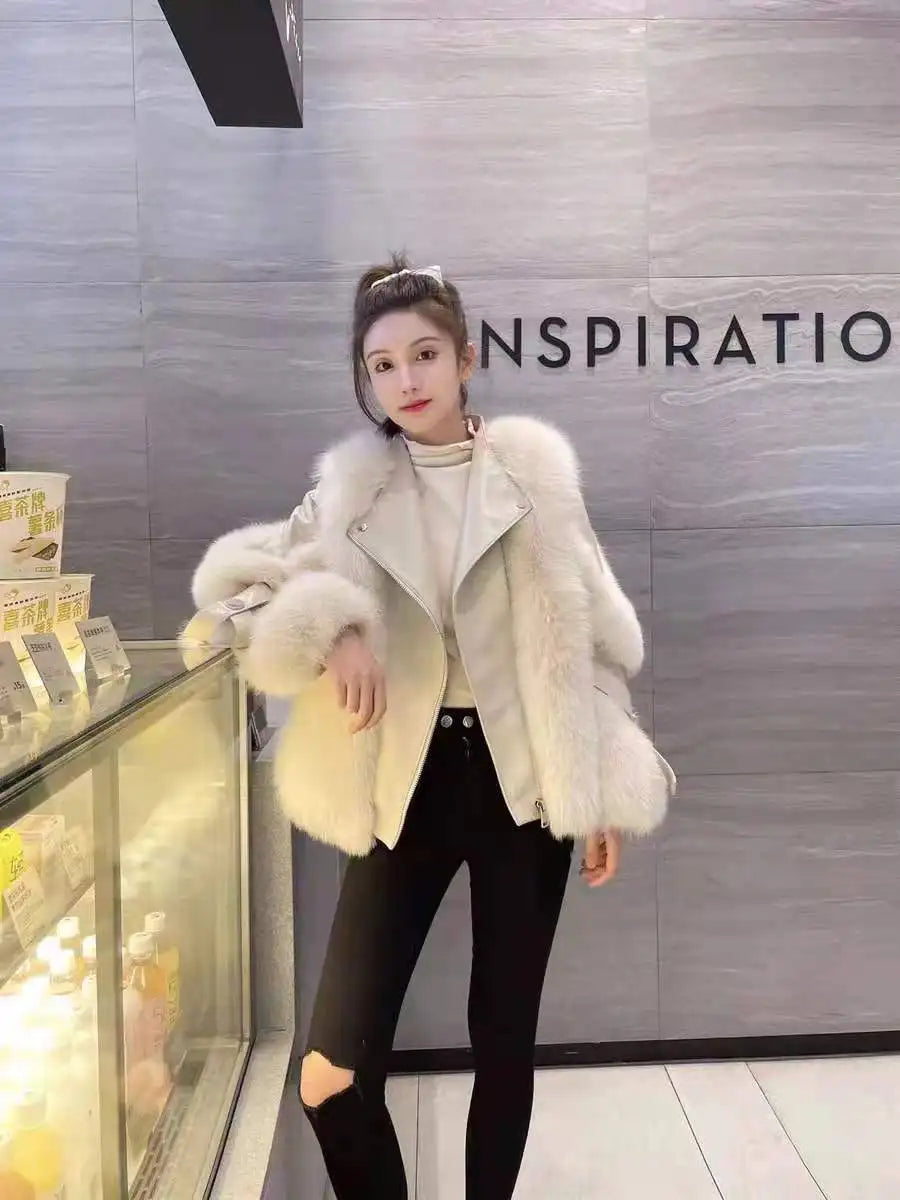 Women's Faux Fox Fur Short Coat - Casual Zip-Up Jacket with Turn-Down Collar, Wide-Waist Autumn/Winter