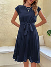 Elegant Summer Pleated Midi Sundress – Short Sleeve O-Neck Casual Beach Tunic (Solid Colors)