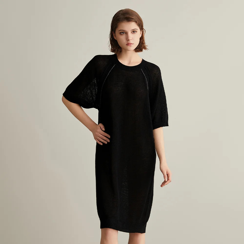 Luxury Women's Summer Linen Knit Dress – 100% Linen Loose Knee-Length O-Neck Casual Dress