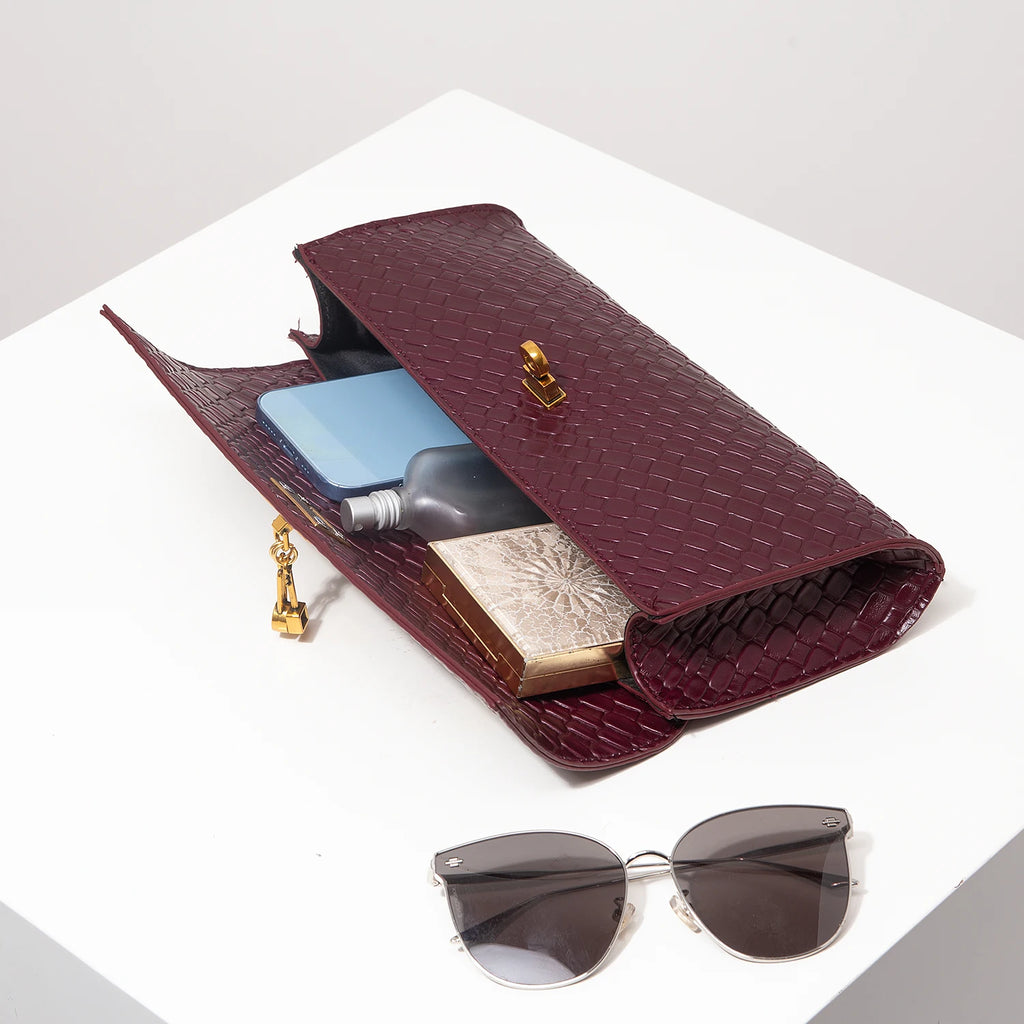 Vintage Woven Faux Leather Baguette Bag – Burgundy Flap Clutch for Women | Elegant Evening, Wedding & Party Accessory