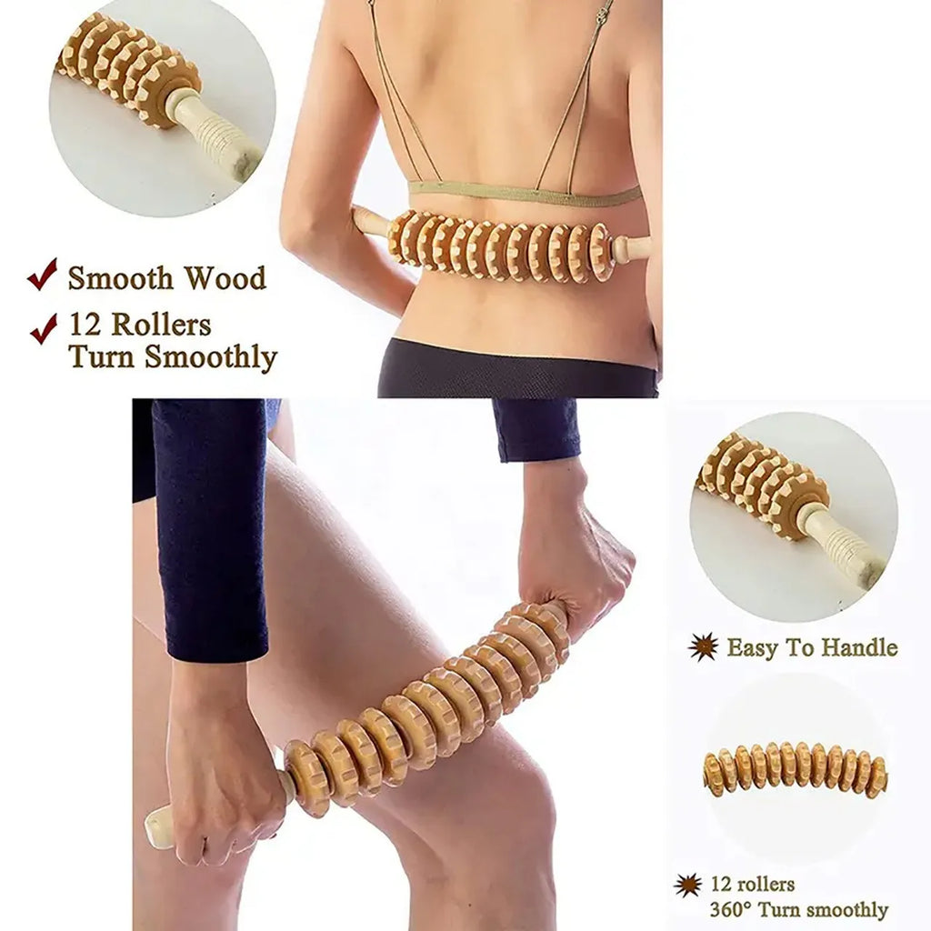 9-Roller Wooden Fascia Massager – Handheld Anti-Slip Muscle Roller for Back, Legs, Thighs & Buttocks