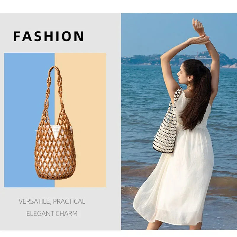 Woven Wooden-Bead Bucket Tote — Hollow-Out Straw Shoulder Bag for Women, Summer Beach Handbag