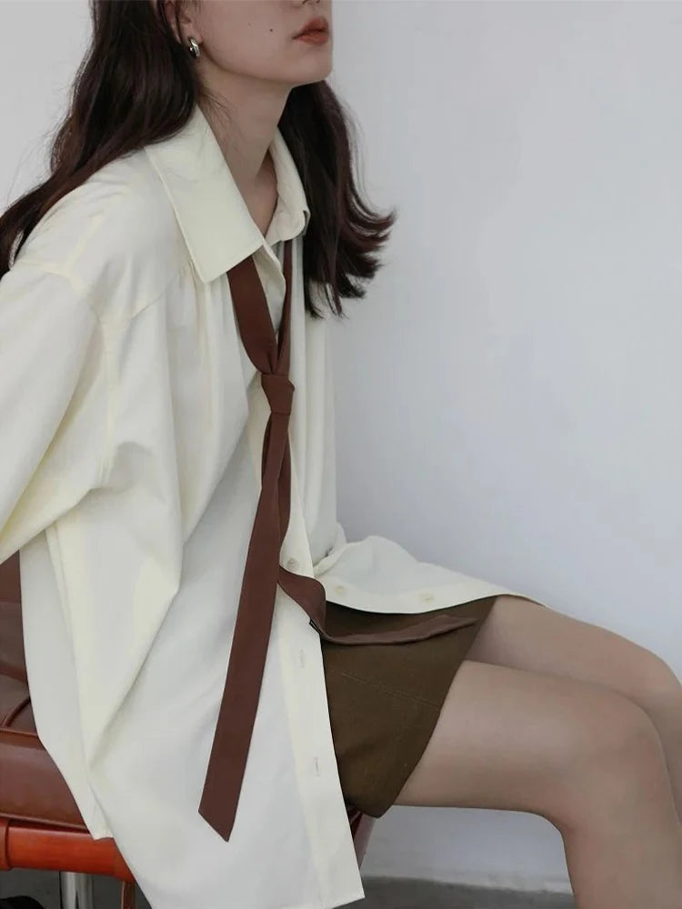 Korean Oversized Button-Up Shirt for Women Minimalist Long Sleeve Solid Blouse