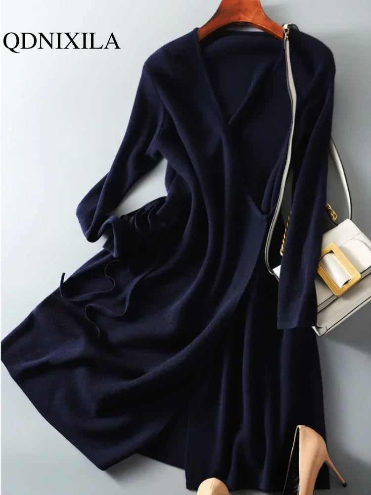 Women's Autumn Winter V-Neck Knit Wrap Dress — Korean Style Elegant A-Line Midi Sweater Dress