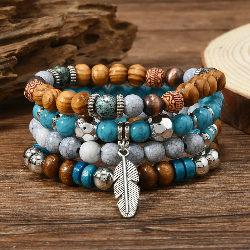 Bohemian Vintage Multi-Layer Turquoise Stone Beaded Bracelet for Men - Ethnic Leaf Design