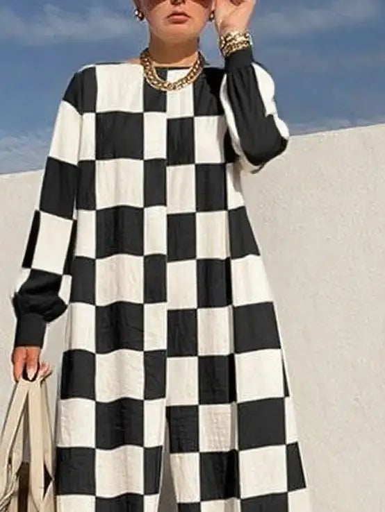 One-Shoulder Plaid Wide-Leg Jumpsuit for Women - Loose Long-Sleeve Oversized Romper, Casual Spring/Autumn