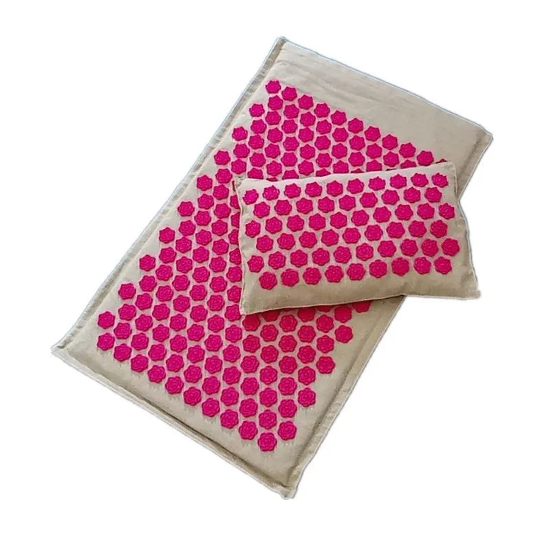Acupressure Spike Mat Set 74 x 44 cm (29 x 17 in) with Pillow & Carry Bag – Natural Linen Buckwheat Massage Mat for Yoga & Pain Relief