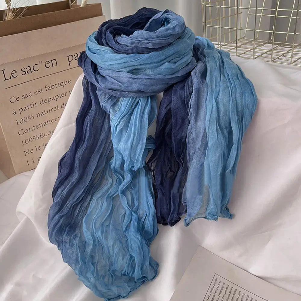 Long Gradient Blue Scarf 180 x 90 cm (71 x 35 in) – Lightweight Polyester with Cotton-Linen Feel Shawl, Pashmina Hijab Wrap for Women