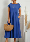 Women's Cotton-Linen Maxi Dress, Short Sleeve O-Neck Loose Sundress with Pockets, Vintage Harajuku Y2K