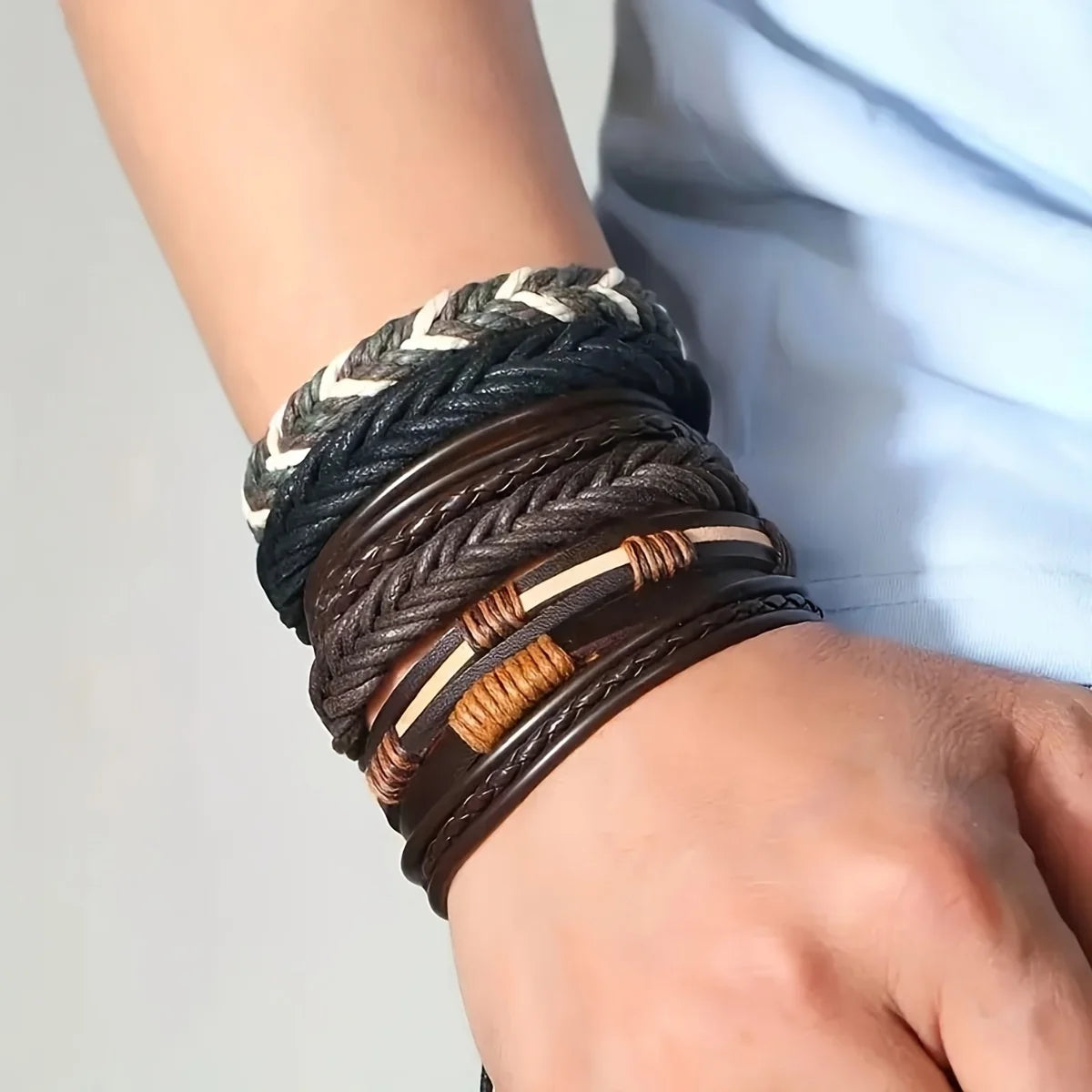 20-Pack Unisex Leather, Rope & Webbing Bracelets – Mixed Vintage Braided Gift Set