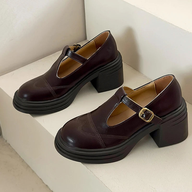Women's T-Strap Mary Jane Pumps Chunky Square Heel 2–3 in (5–8 cm) Platform PU Round-Toe Buckle