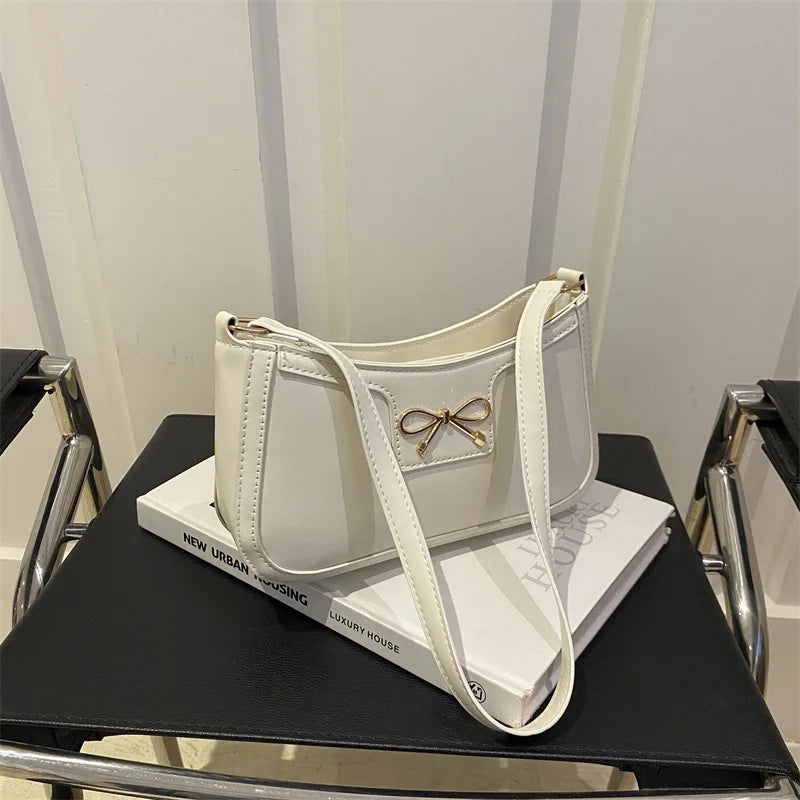 Women's PU Leather Baguette Shoulder Bag with Metal Bow – Crossbody Underarm Bag in Brown Black Beige