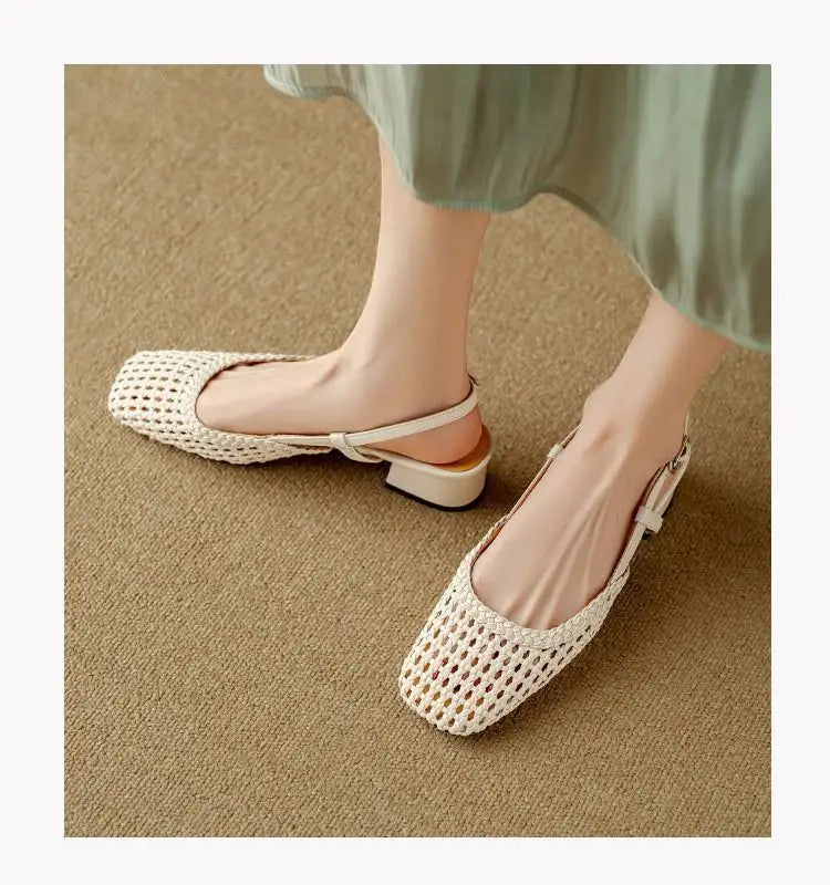 French Square-Toe Woven Mid-Heel Sandals for Women - PU Leather Square Block Heel 3-5 cm (1.2-2.0 in)