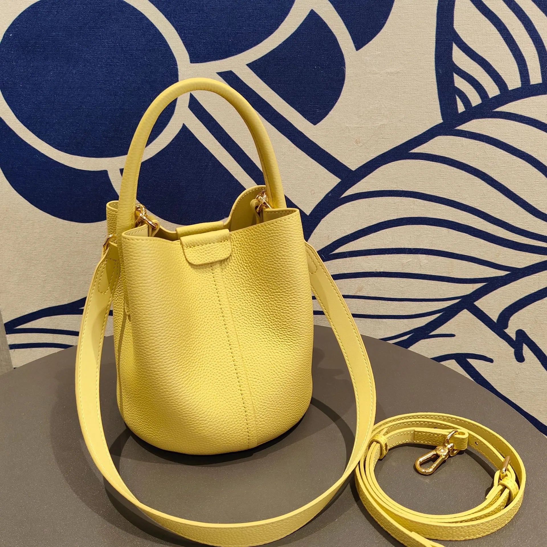 Lavender Purple Round Bucket Tote Small Genuine Cowhide Leather Shoulder & Crossbody Bag for Women