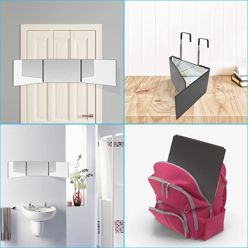 360° Trifold Travel Makeup Mirror with Height-Adjustable Telescoping Hook — Portable Foldable Vanity Mirror for Self Hair Cutting & Styling