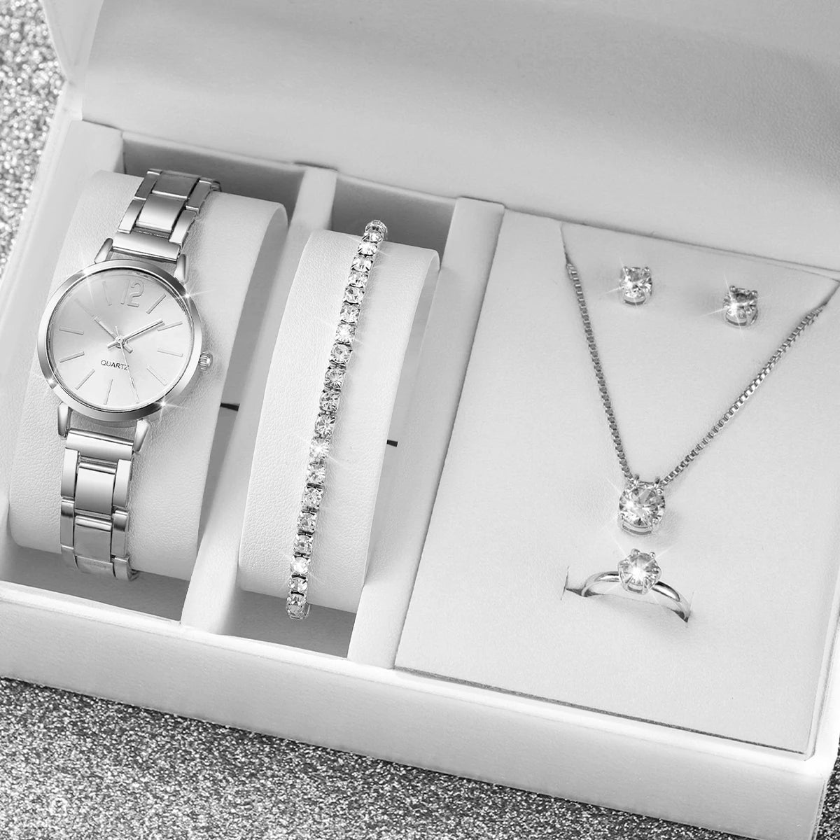 6-Piece Women's Quartz Watch & Jewelry Set - 29mm (1.14 in) Stainless Steel Watch with Diamond Accents, Necklace Bracelet Ring Earrings