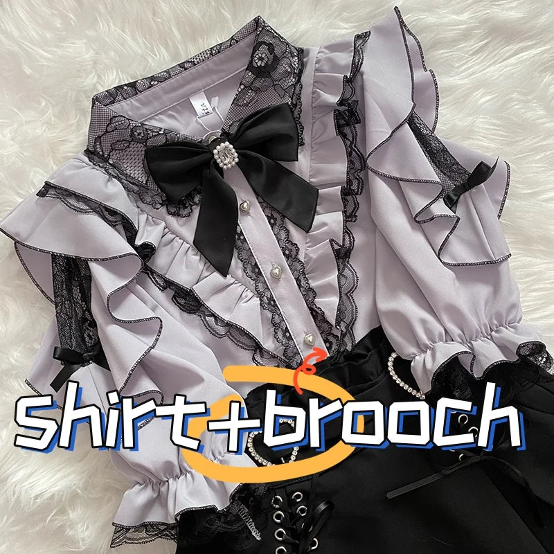 Kawaii Jirai Kei Lolita Y2K Japanese Style Blouse with Peter Pan Collar Long Sleeve Sweet Aesthetic Top for Women