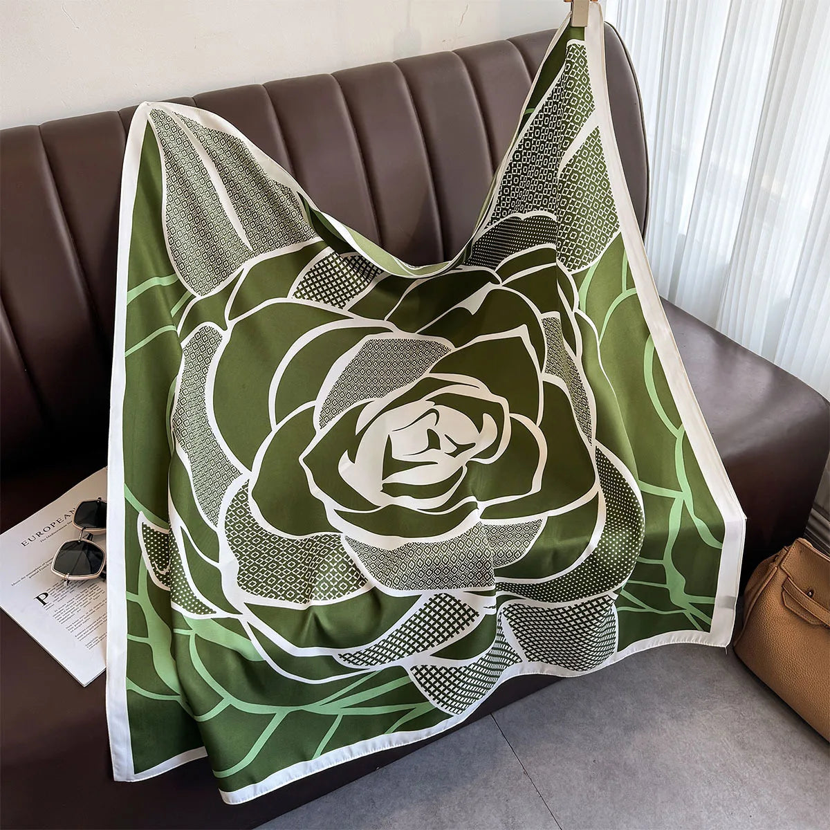 90 x 90 cm (35 x 35 in) Twill Silk-Feel Square Scarf – Women’s Luxury Tree Print Head Scarf, Shawl, Hijab, Bandana