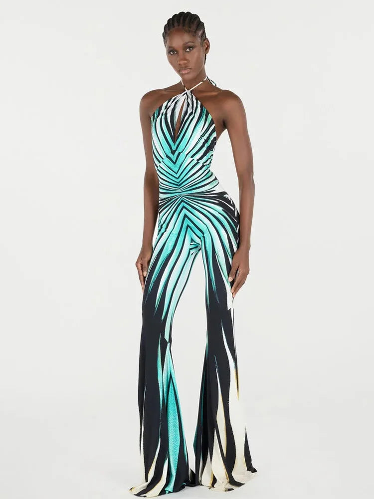 Ahagaga Women's Printed Halter Jumpsuit — Cutout Bandage Bodice, Striped Flare Pants, Slim Fit Summer Streetwear