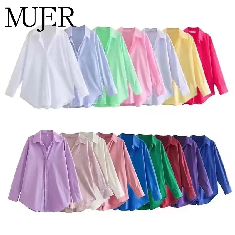 MUJER Women's Multicolor Button-Up Poplin Shirt – Oversized Long-Sleeve Summer Casual Blouse