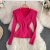 Women's Twist Front V-Neck Slim Knit Sweater Long Sleeve Pullover for Fall Winter