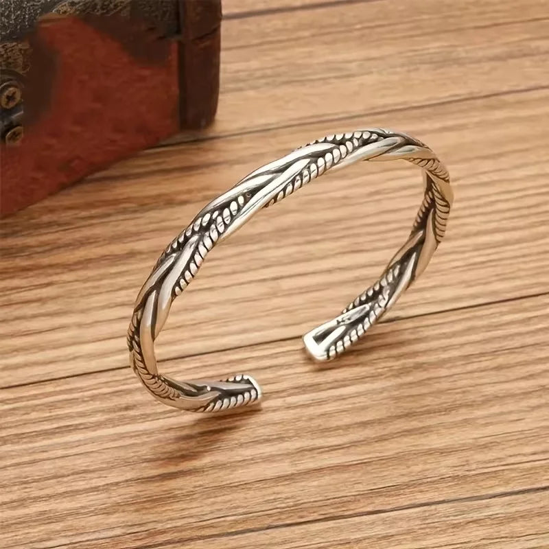 Antique Silver Twist Cuff Bracelet - Adjustable Open Bangle 7cm (2.75in) Unisex