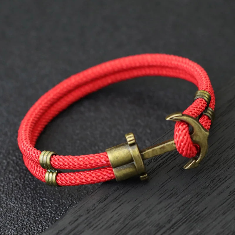 Men's Nautical Rope Bracelet with Anchor Charm - Bronze Bilayer 8.1 in (20.5 cm) Easy-Hook Surfer Bracelet