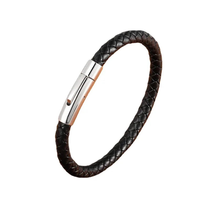 Unisex Braided PU Leather Bracelet with Stainless Steel Clasp - Trendy Geometric Bangle Gift for Men & Women