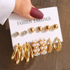 Gold Geometric Pearl Earrings Set — Vintage Metal Square & Round Dangle Studs for Women, Trendy Party Jewelry
