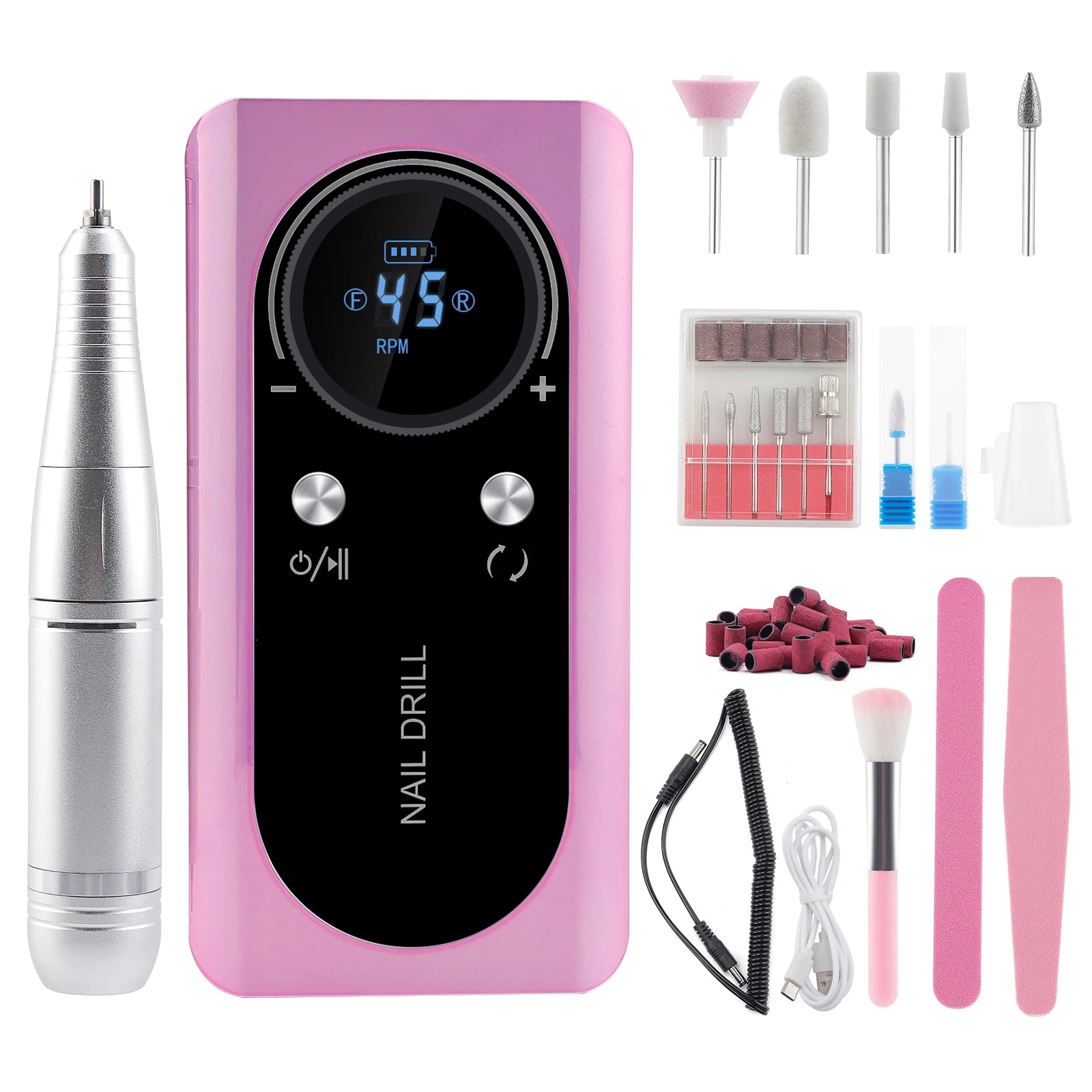 Rechargeable 45000RPM Portable Nail Drill Kit – Wireless Manicure & Pedicure Grinder with 6 Bits and 6 Sanding Bands