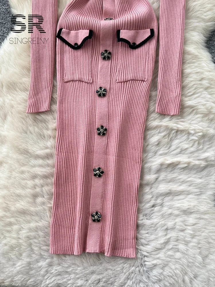 Women's Autumn Knit Bodycon Midi Dress - Long Sleeve Multicolor Pockets Slim French Office Style (One Size)